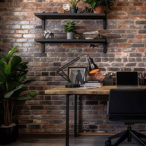 A peaceful home office with striking faux brick accent wall